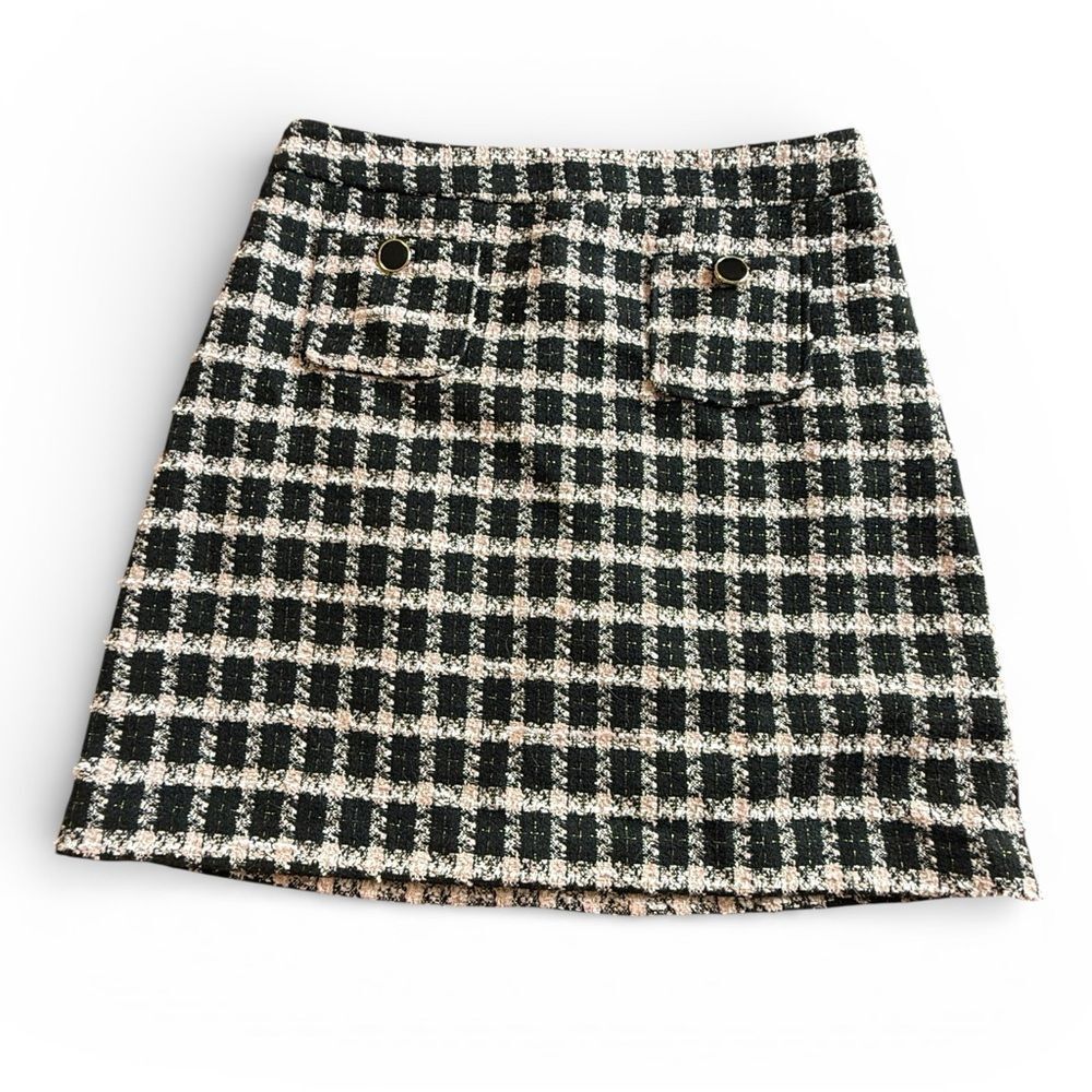 Maison D’Amelie Paris Plaid Pink Black Tweed Mini Skirt Pockets Metallic Thread
